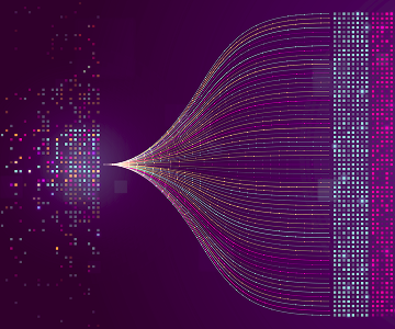 Fluxo de pontos e linhas coloridas converge e se expande, representando processamento e transformação de dados digitais.