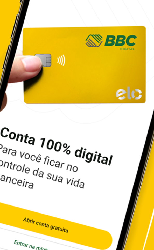 Sobre um fundo na cor amarela há um smartphone mostrando o app BBC Digital com cartão e o texto “Conta 100% digital”.