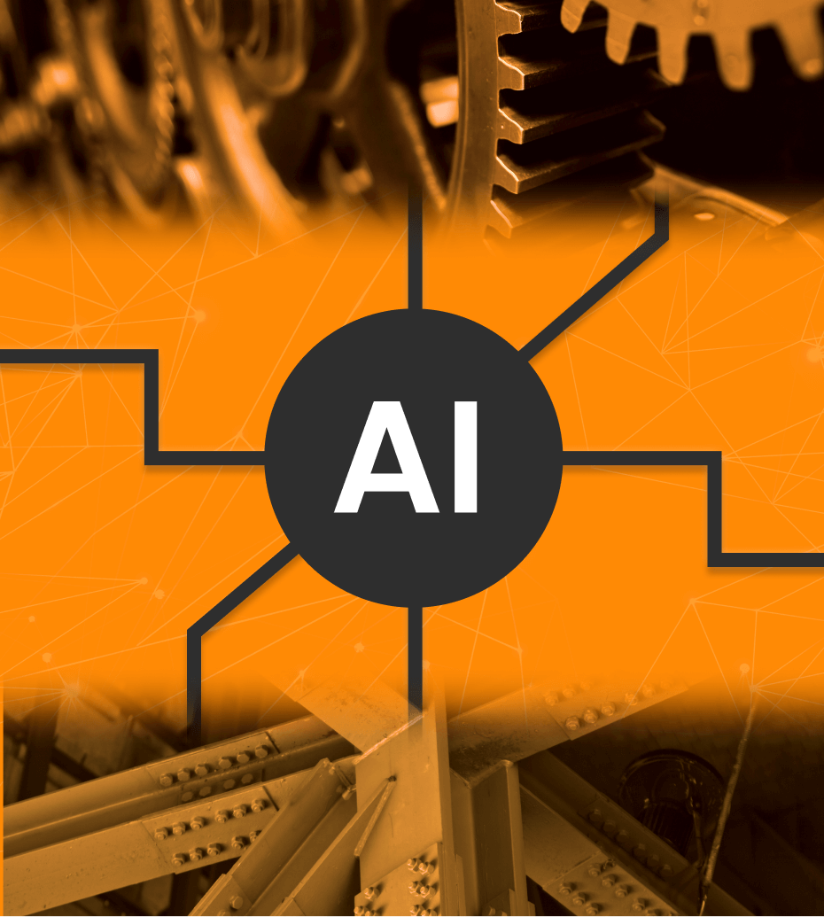 Engrenagens ao fundo e símbolo “AI” centralizado, remetendo à integração da inteligência artificial aos processos.