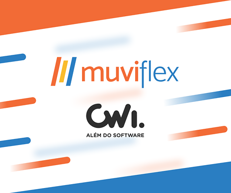Sobre um fundo branco decorado com linhas diagonais cinzas, azuis e laranjas em efeito de movimento, a imagem apresenta centralizados os logotipos de duas empresas. Na parte superior, está o logo da Muviflex, composto por três barras inclinadas (laranja, amarela e azul) seguidas pelo nome em letras minúsculas; logo abaixo, encontra-se o logotipo da CWI, escrito em letras pretas arredondadas acompanhado pelo slogan 