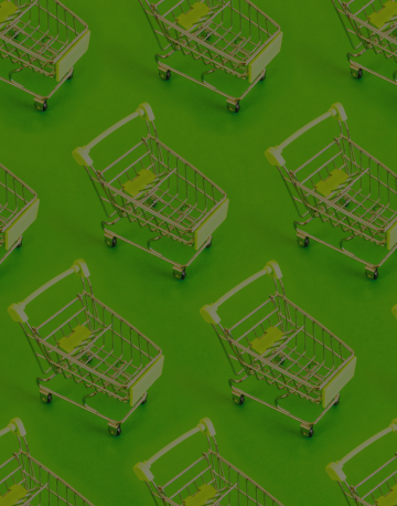 Padrão repetido de mini carrinhos de compras vazios organizados em fileiras diagonais sobre um fundo verde.