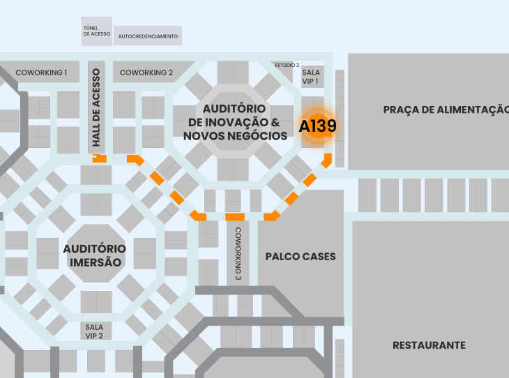 A imagem mostra o mapa do Febraban Tech 2026 e como chegar ao estande da CWI, o A139.